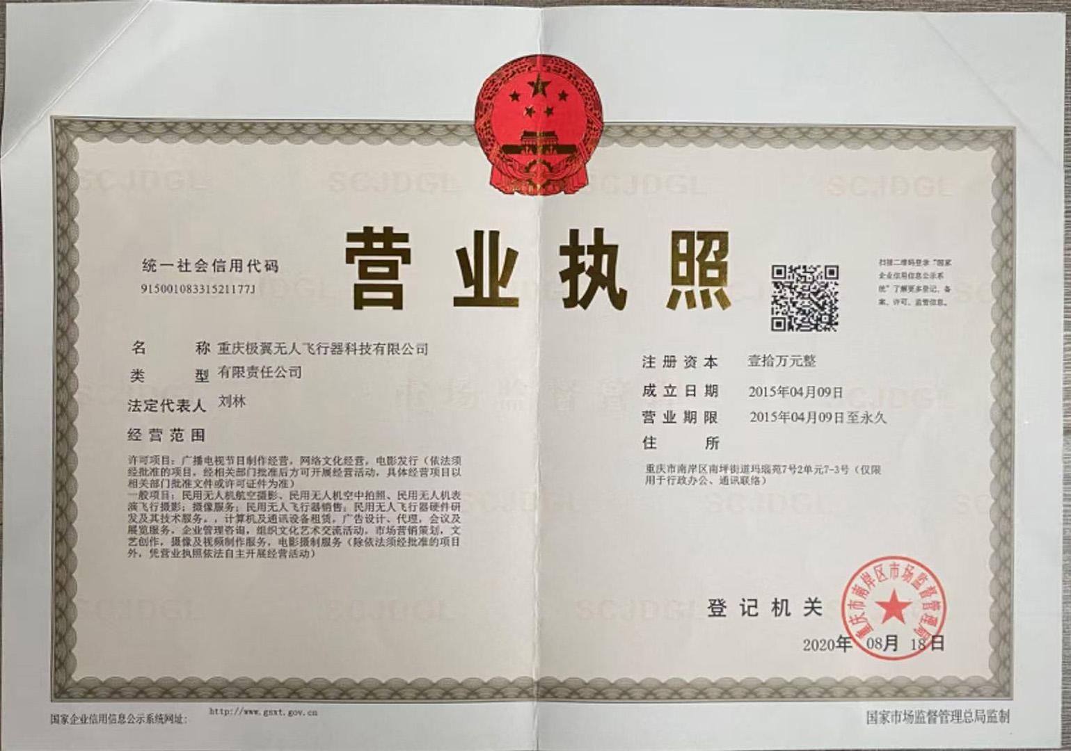 重庆极翼无人飞行器科技有限公司营业执照